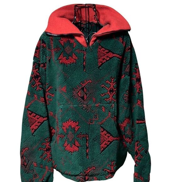 Vintage 1980s Front Zip Green Black & Red Fleece Men’s Tribal Jacket size XL